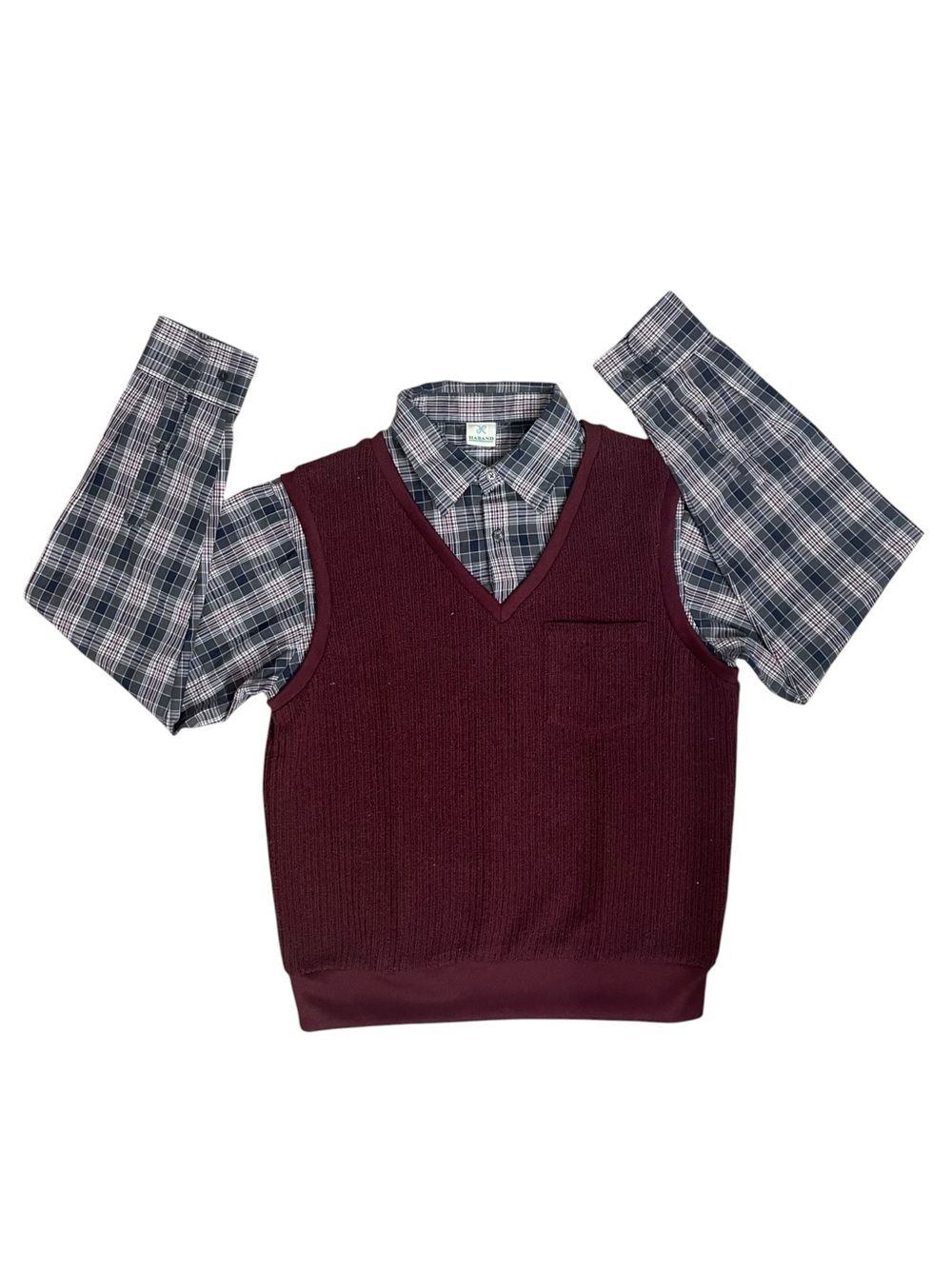 Haband Men's Burgundy Sweater Vest & Plaid Button-Up Shirt Set Size S